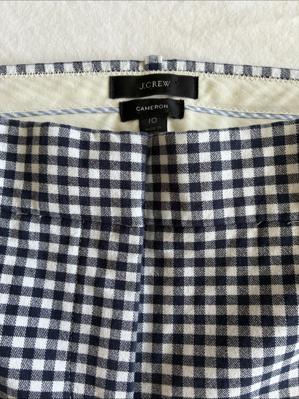 J Crew Cameron Bi-Stretch Cotton Gingham Pants in Blue and White, Size 10